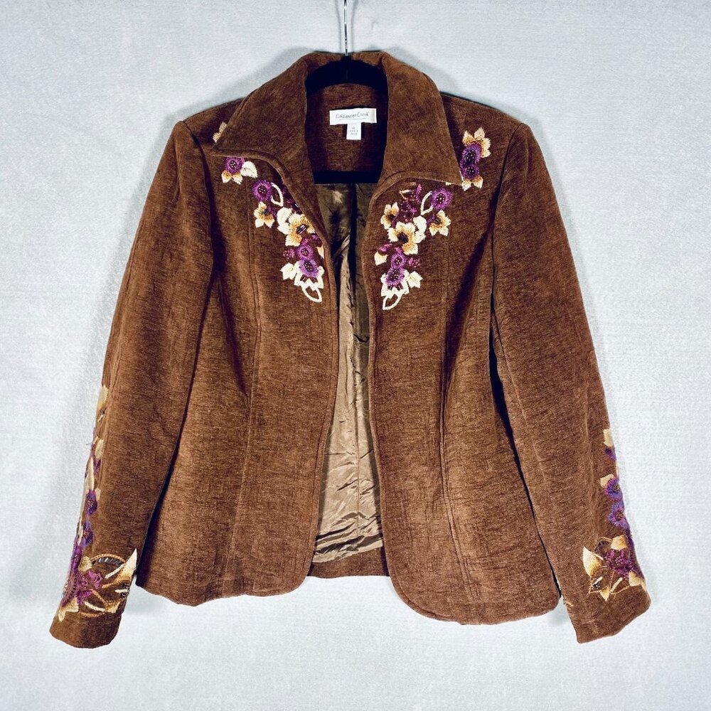 Coldwater Creek Jacket 6 Brown Corduroy Floral Embroidered Cottage Boho Festival